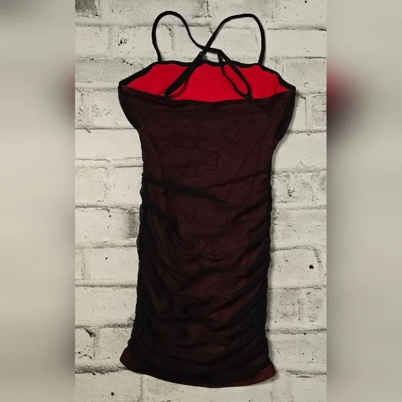 SHEIN Black Red Mesh Ruched Bodycon Mini Dress US 2 - Picture 9 of 13
